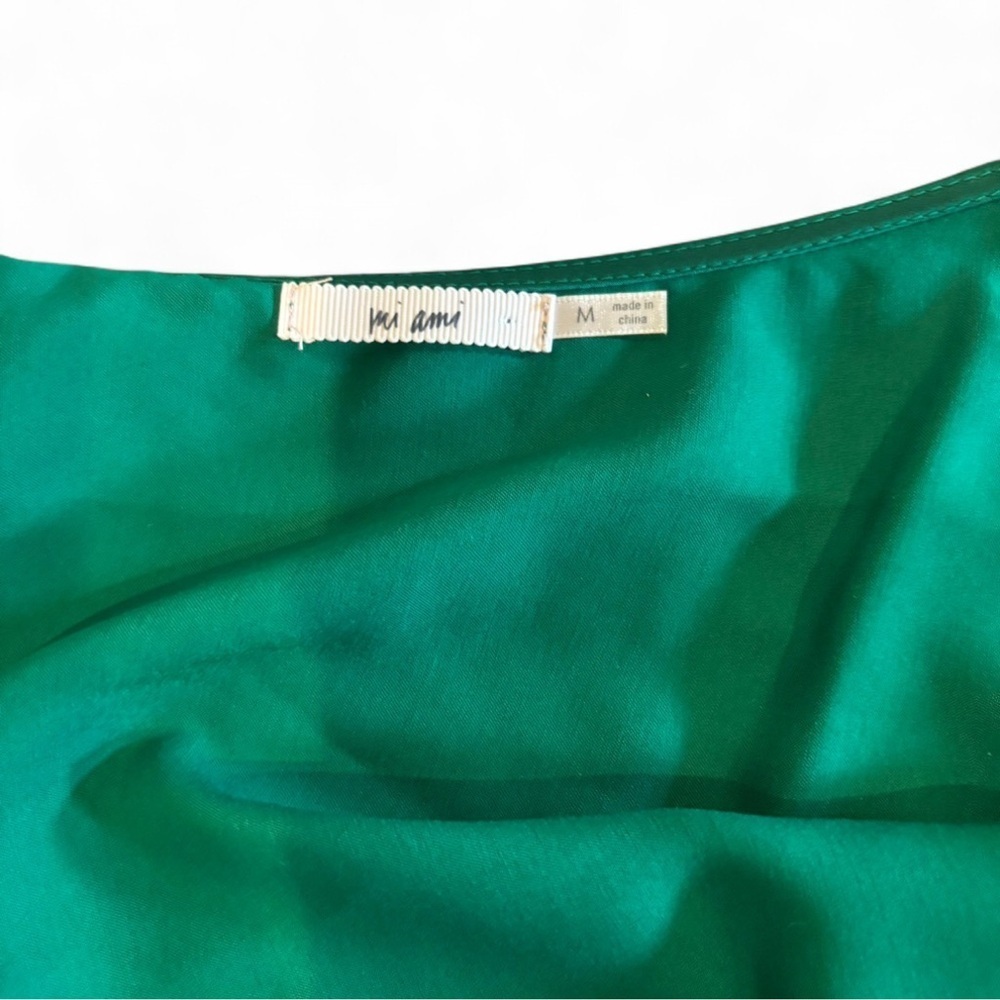 Mi Ami Francesca’s Green Satin Wrap Midi Dress Flutter Sleeve Ruffle Hem Size M - Picture 5 of 13